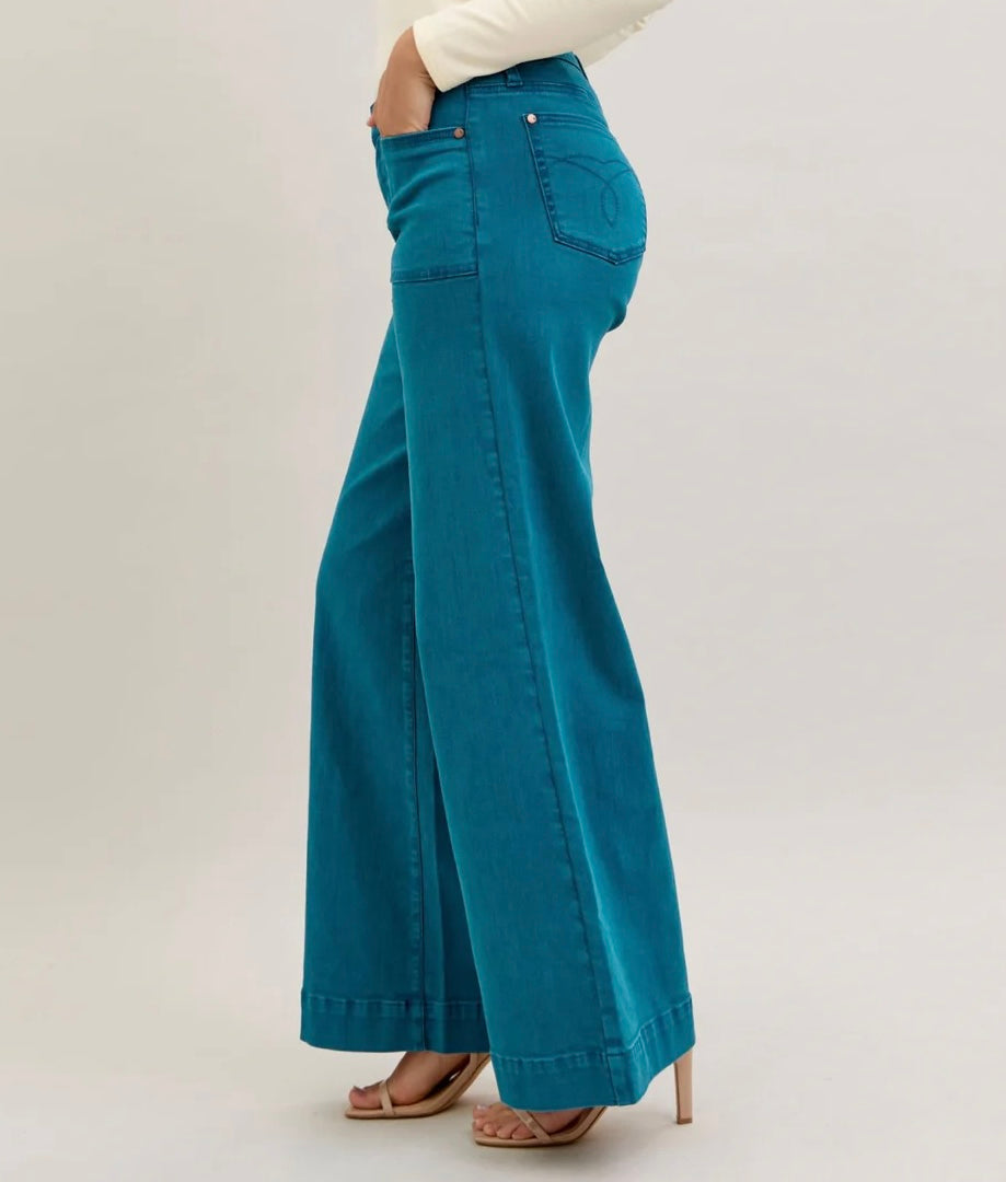 Judy Blue Teal Mid Rise Utility Wide Leg Jeans