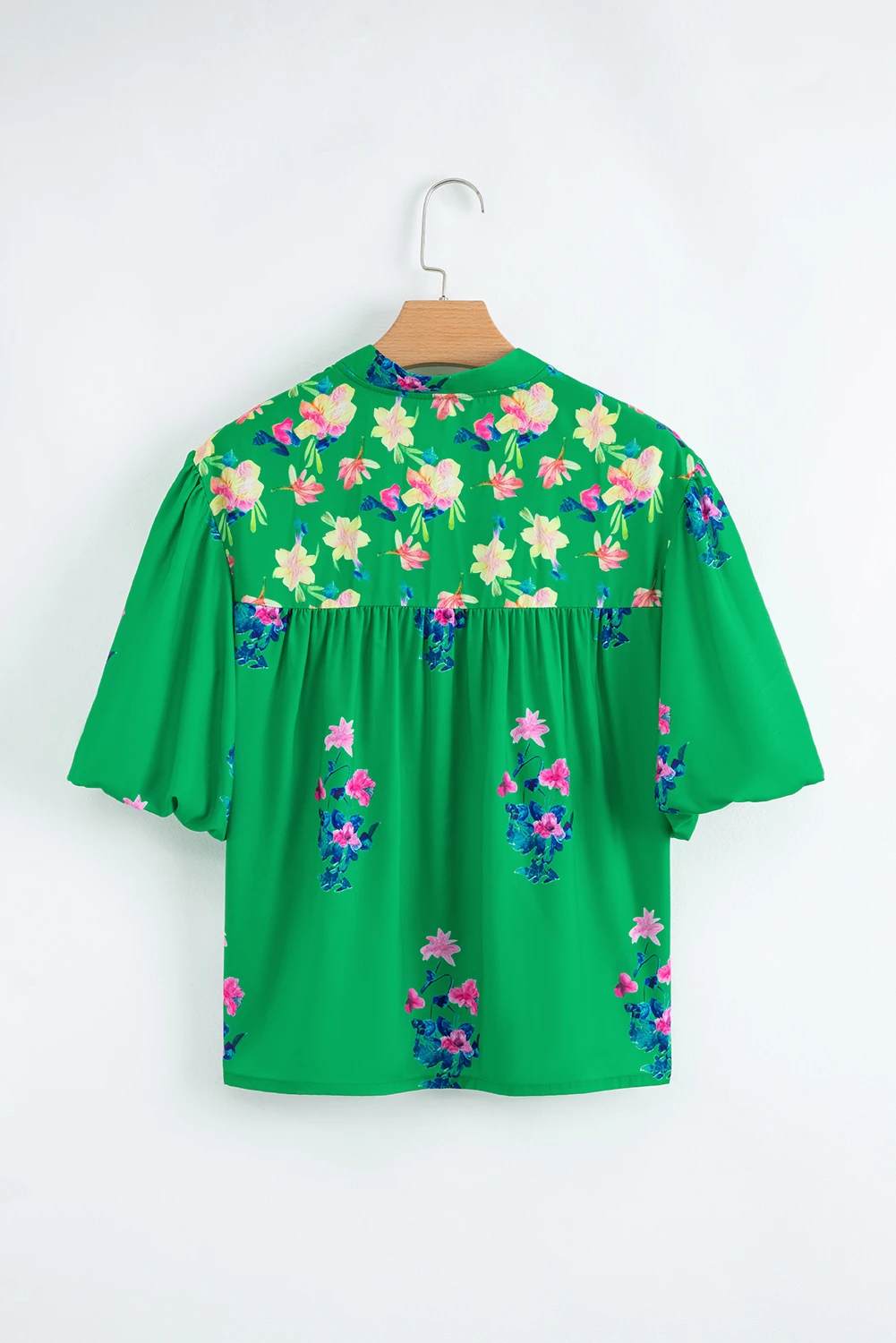 Green Floral Detail Tie Split Neck Short Sleeve Blouse