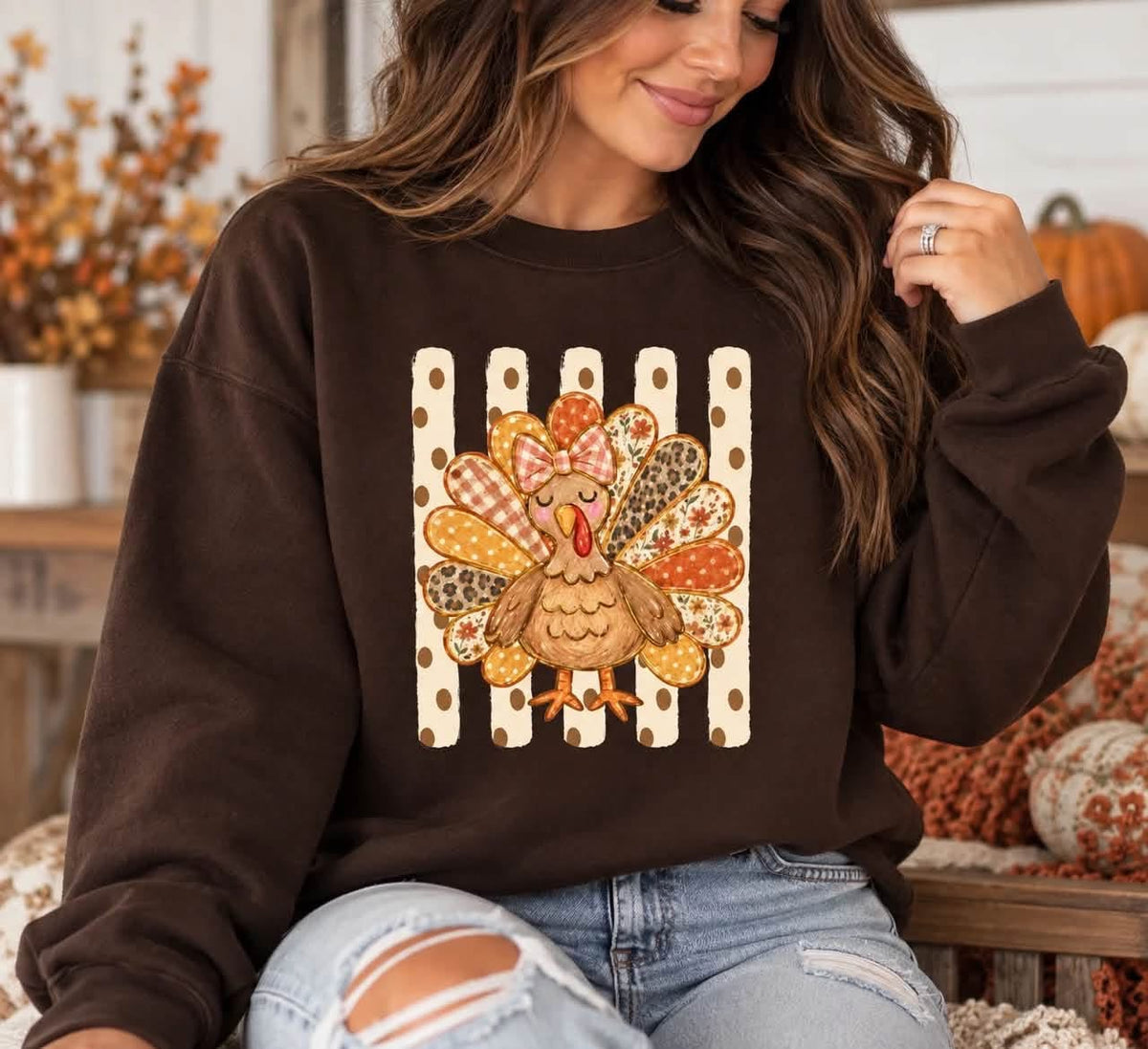 Patchwork Turkey Thanksgiving Graphic Sweatshirt – Brown