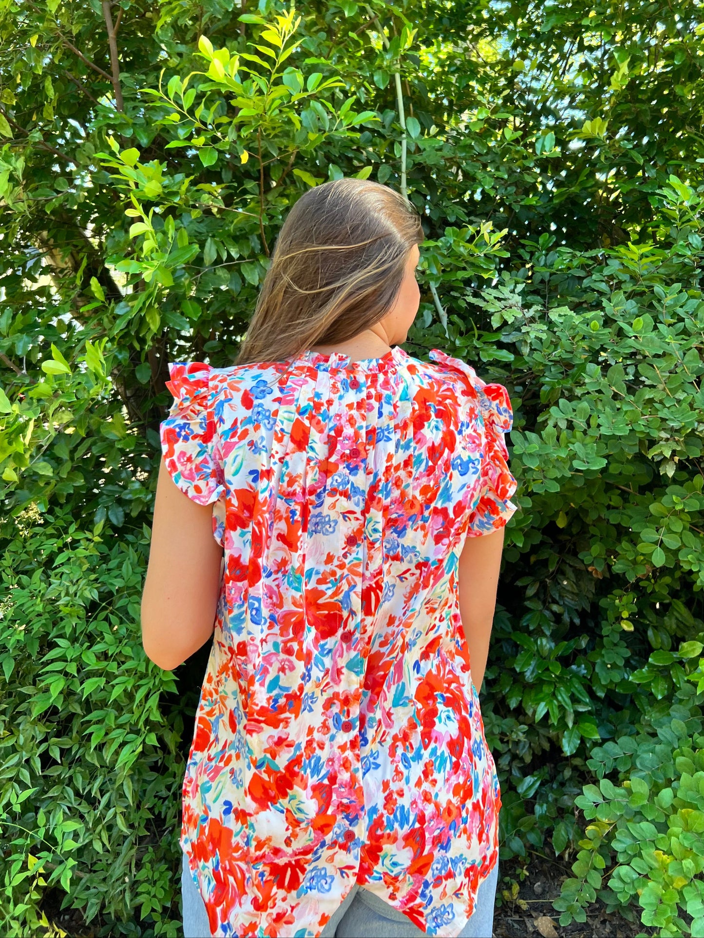 Red Frilled Neck Pleated Boho Floral Tank Top
