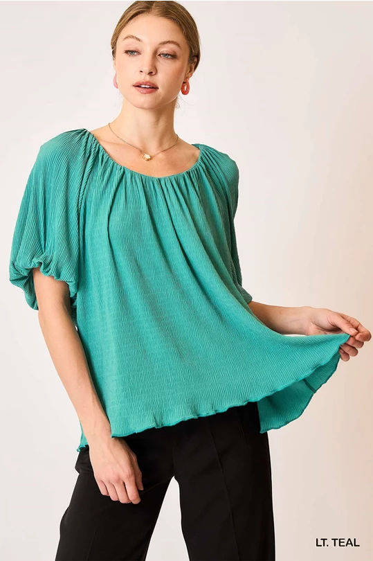 Scoop Neck Top w/ Balloon Sleeves - Light Teal by Umgee