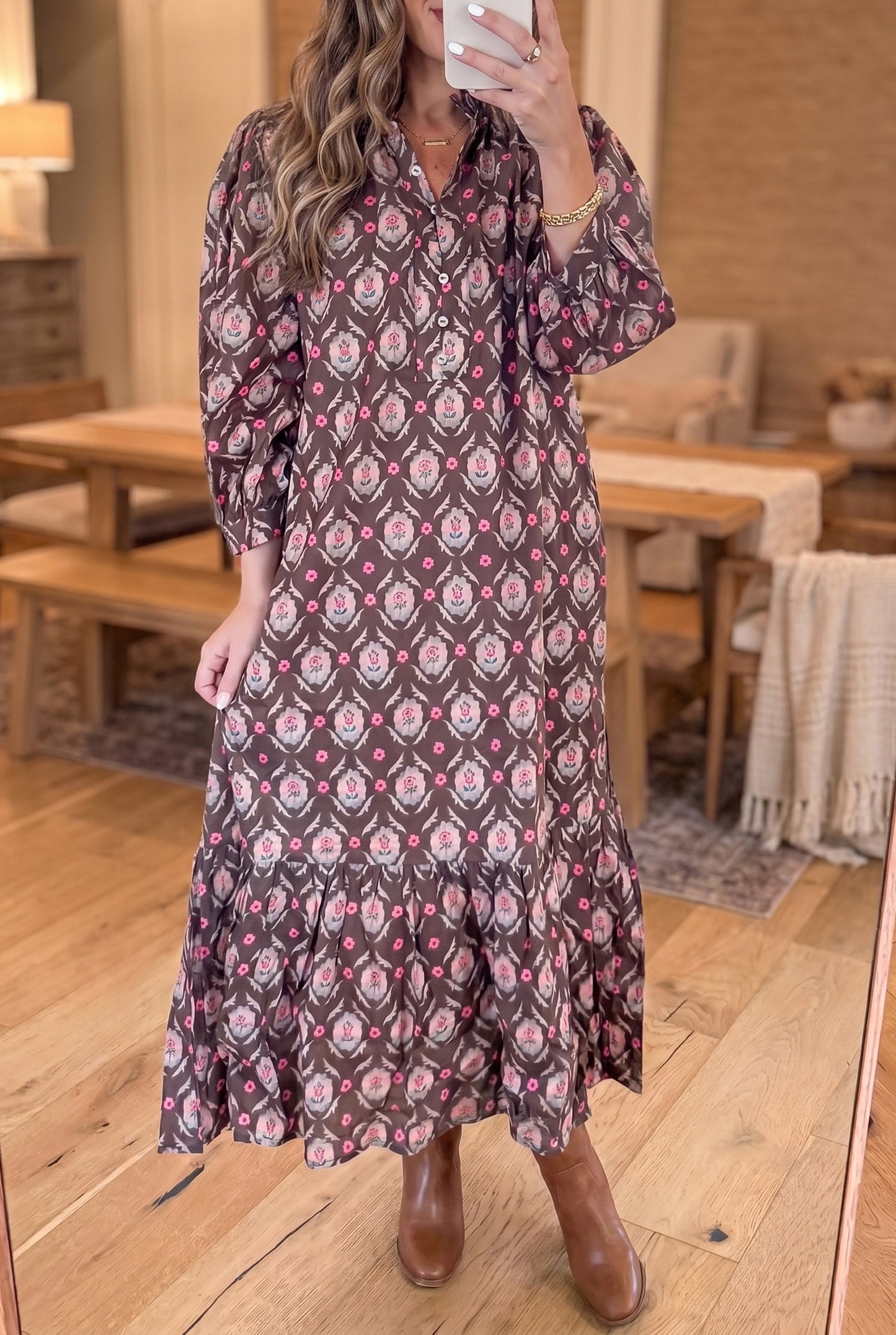 Brown Floral Button Front Ruffle Hem Midi Dress