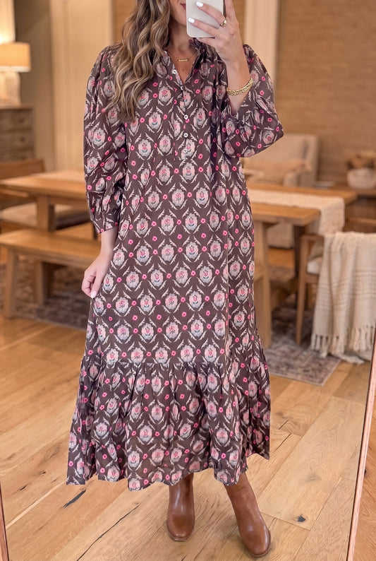 Brown Floral Button Front Ruffle Hem Midi Dress