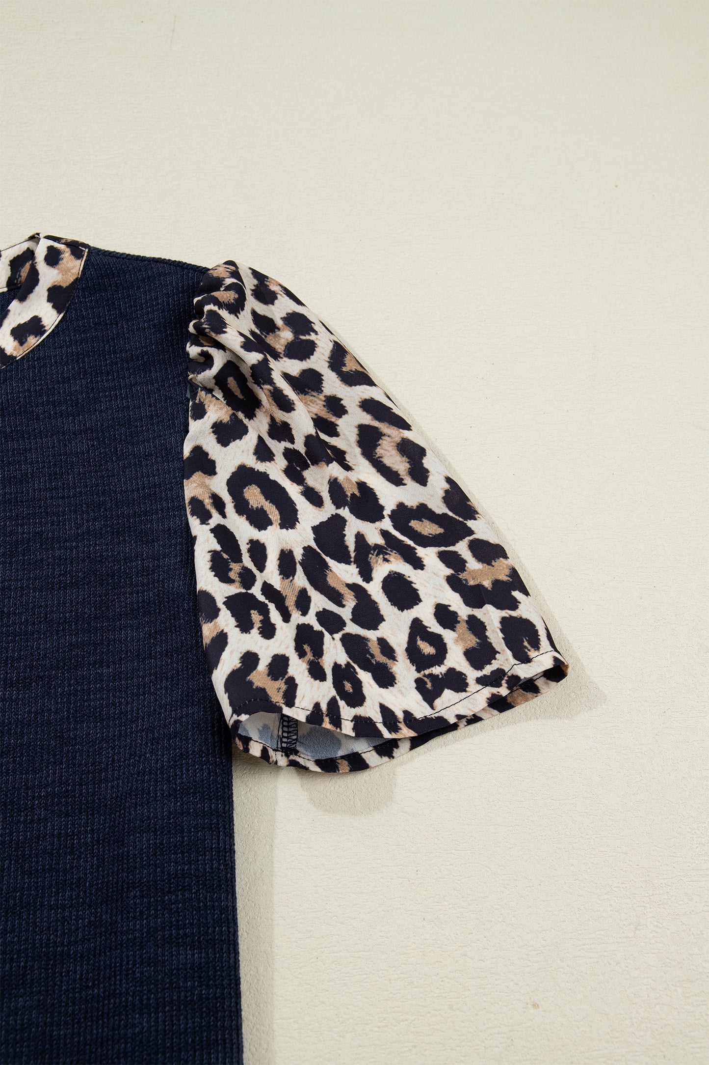 Navy Blue Ribbed Leopard Trim Short Sleeve Top