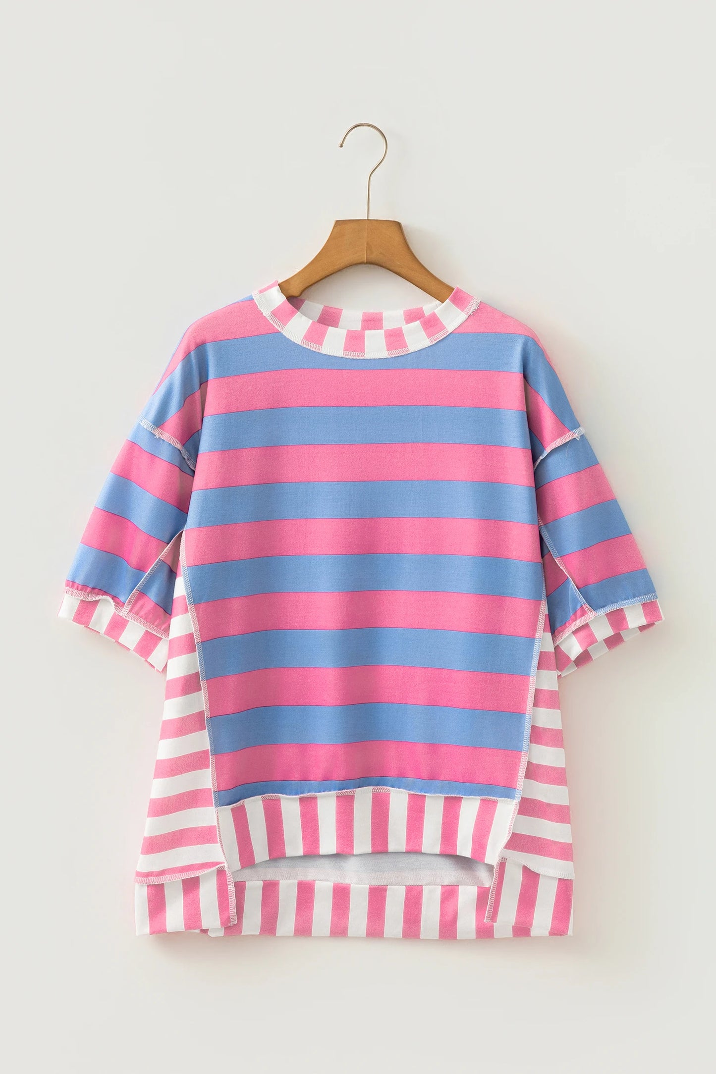 Pink Stripe Exposed Seam Oversized Top