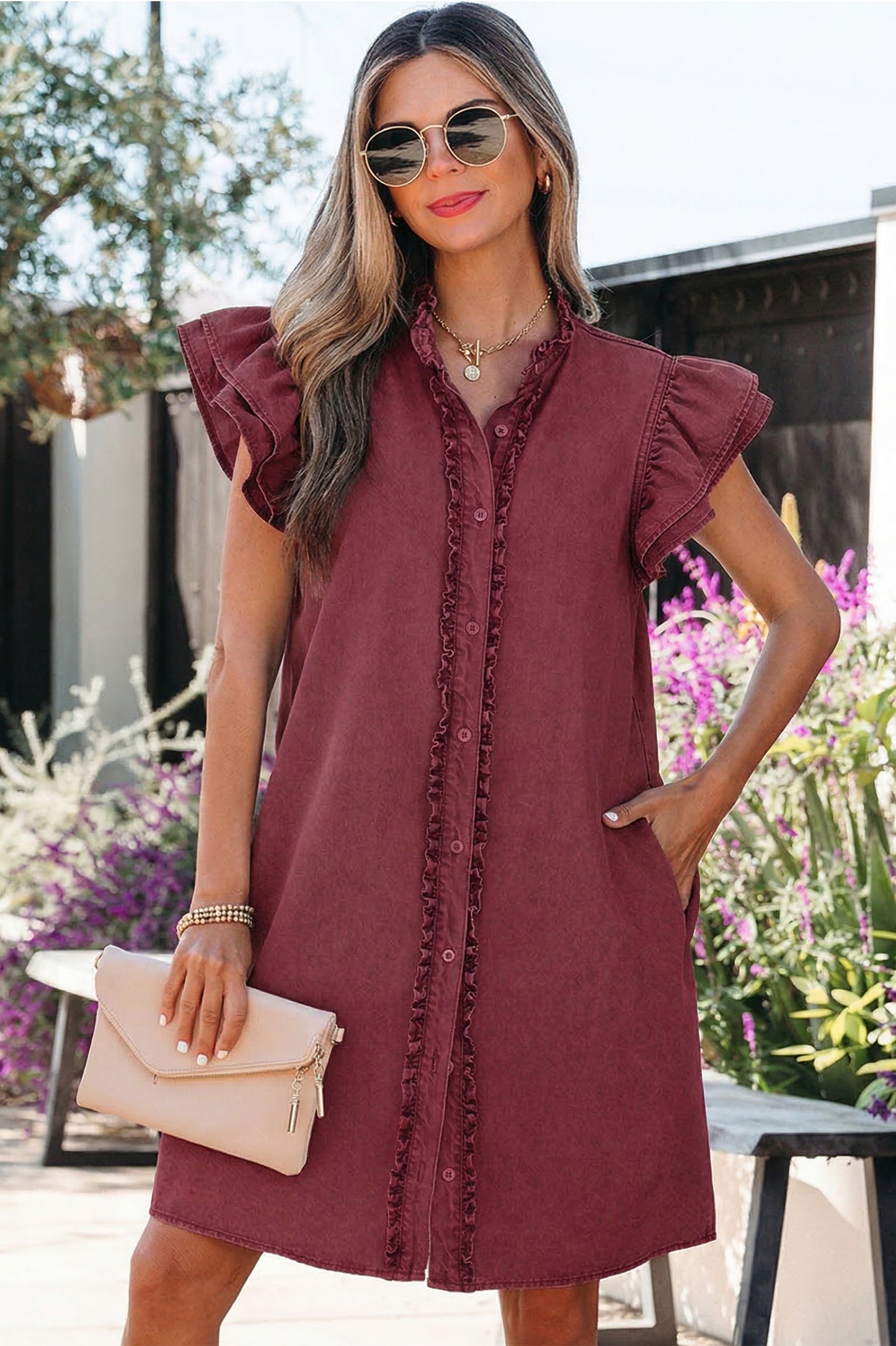 Red Sandalwood Button Down Ruffle Sleeve Denim Dress