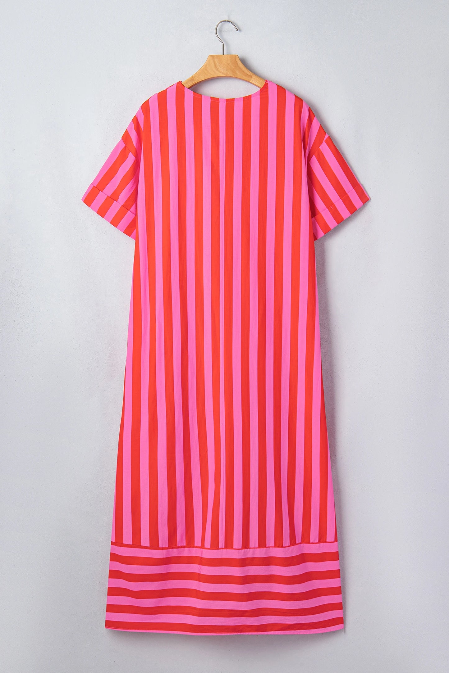 Pink Red Striped Midi Dress with Pockets