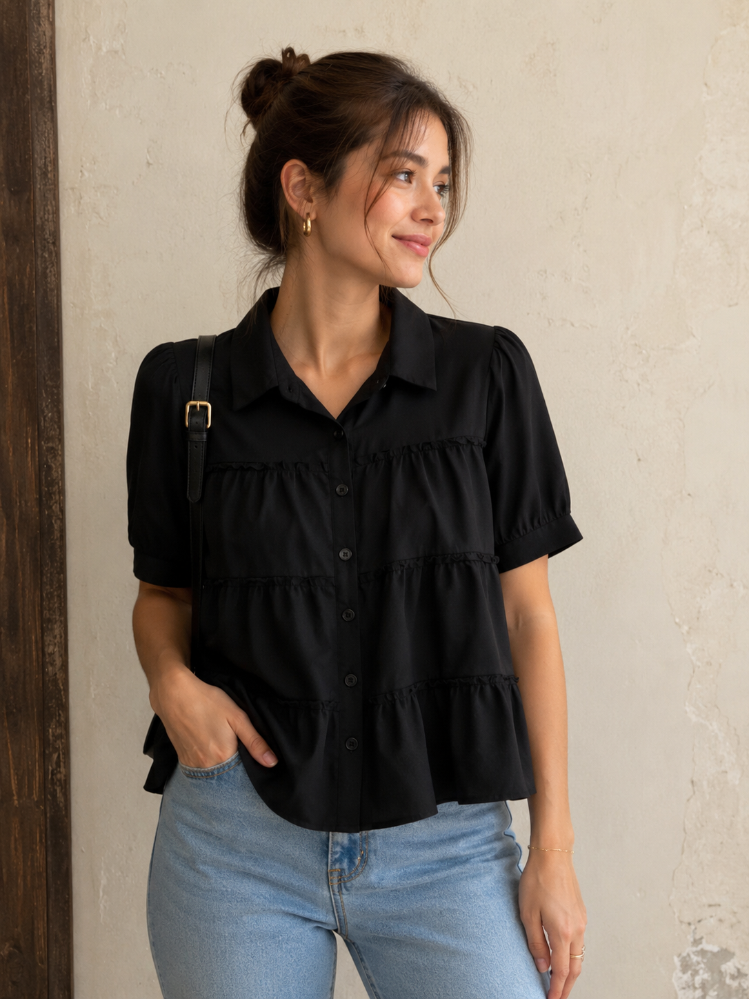 Black Tiered Button Top Juniors