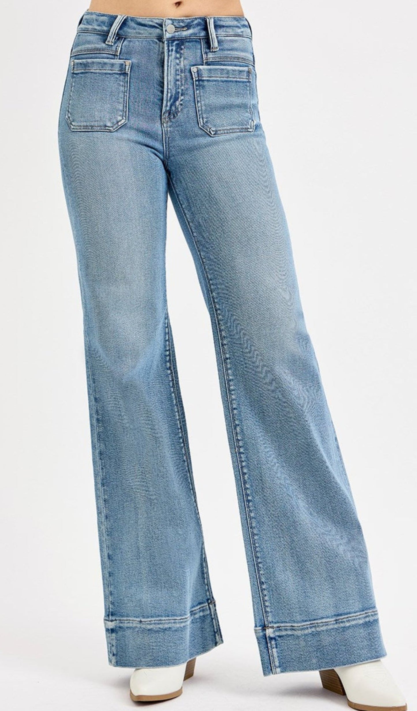 RISEN High Rise Wide Flare Patch Pocket Jeans