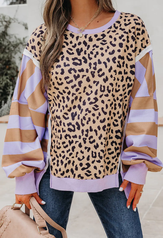 Purple Stripe Color Block Patchwork Leopard Casual Sweatshirt