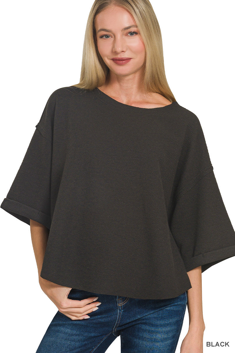 Zenana Double Knit Exposed Seam Curved Hem Top