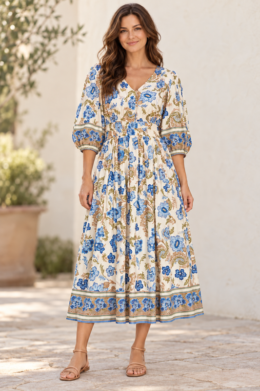 She + Sky Blue Floral Midi Dress