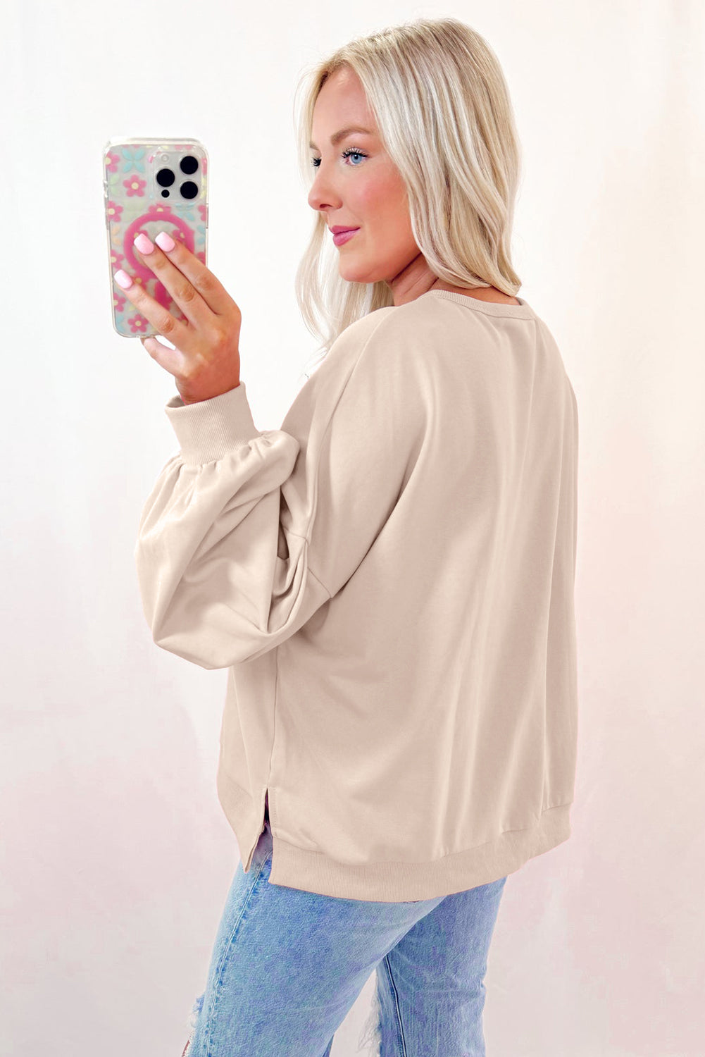 Parchment Embroidered Bow Lantern Sleeve Oversized Sweatshirt