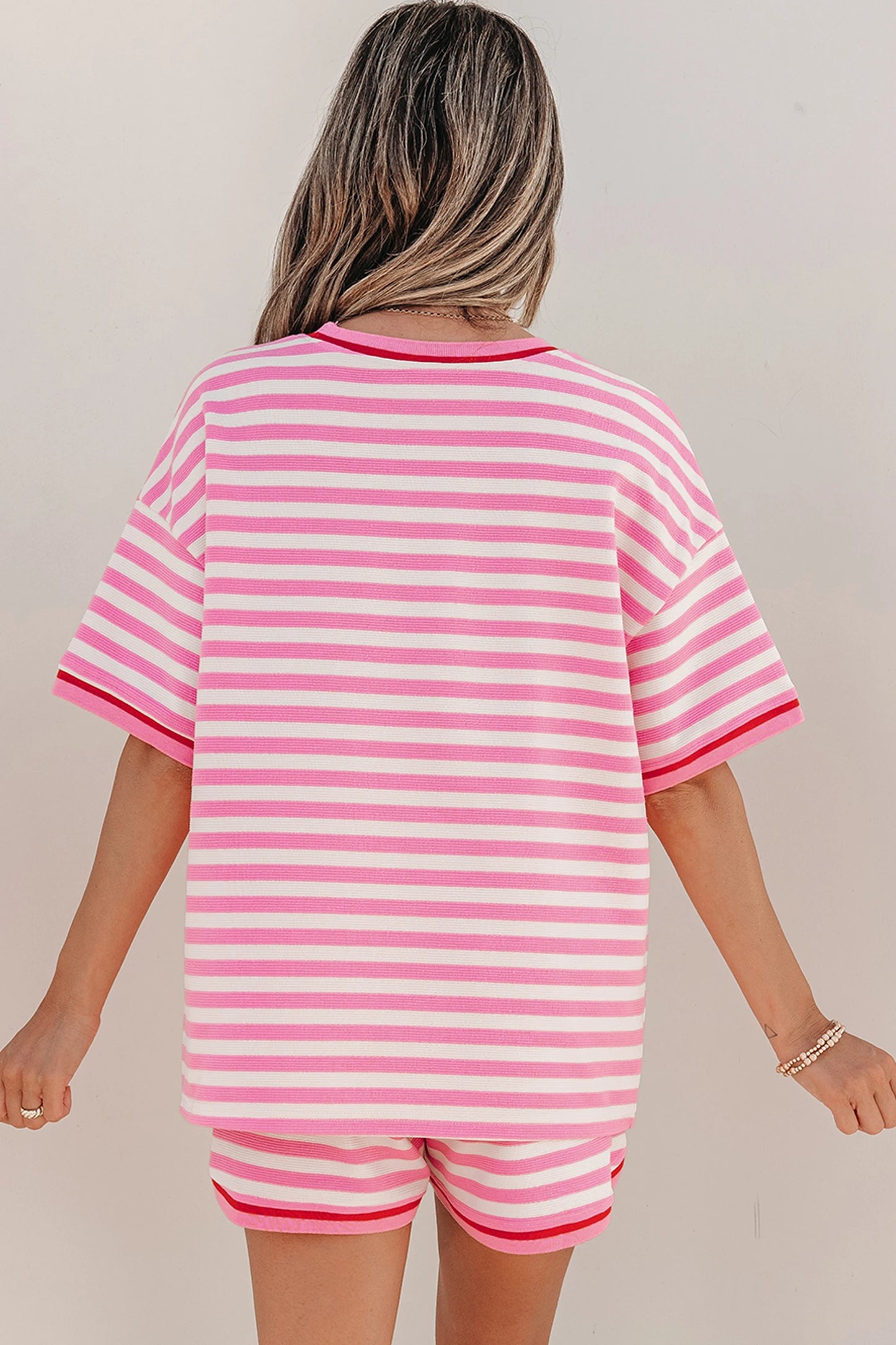 Pink Stripe Contrast Trim Short Set