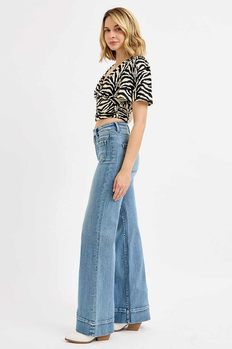 RISEN High Rise Wide Flare Patch Pocket Jeans