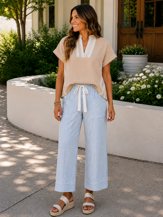Parchment Crochet Lace V-Neck Blouse | Rolled Sleeve Top