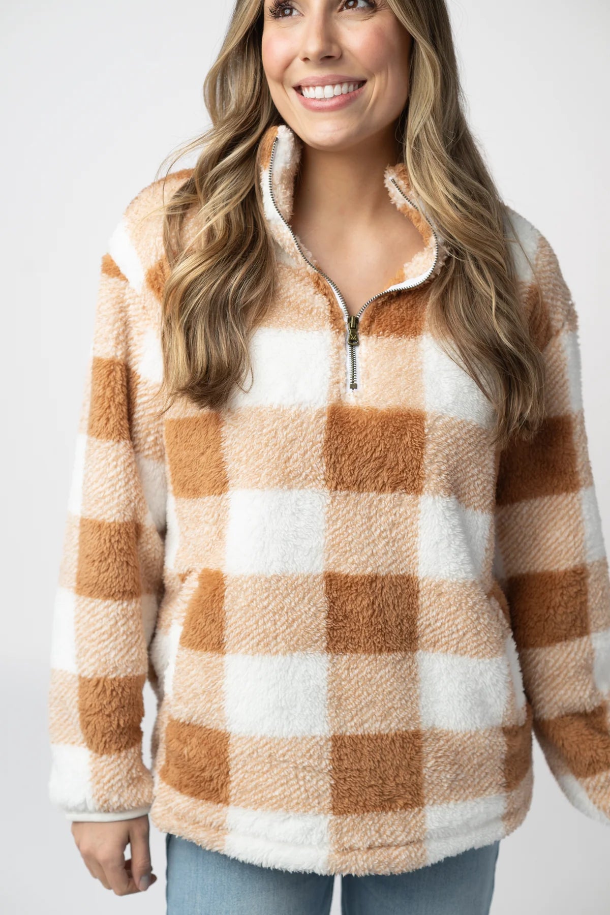 Sherpa Plaid Pullover - Camel by Michelle Mae