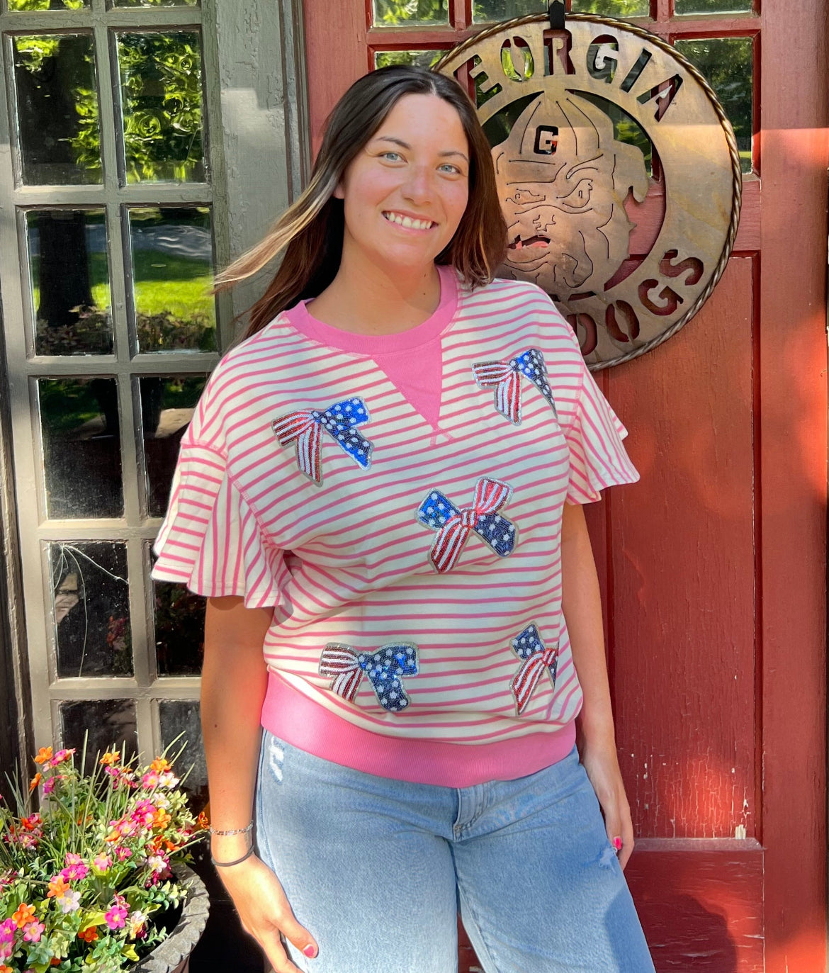 Sachet Pink Sequined American Flag Bow Patched Striped Ruffled Sleeve Blouse
