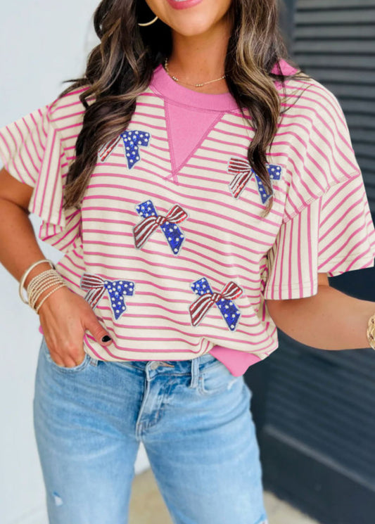 Sachet Pink Sequined American Flag Bow Patched Striped Ruffled Sleeve Blouse
