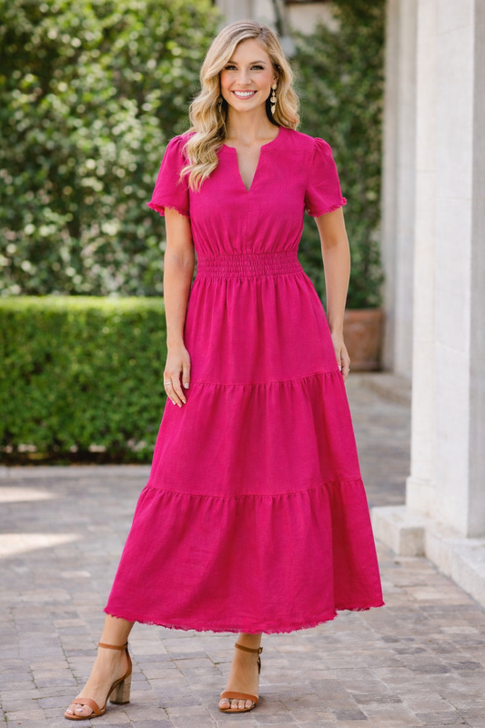 Umgee Frayed Tiered Maxi Dress – Pink