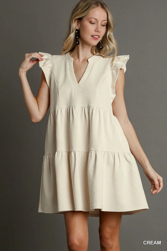 Umgee Cream Textured Babydoll Dress – Ruffle Sleeve Tiered Mini Dress