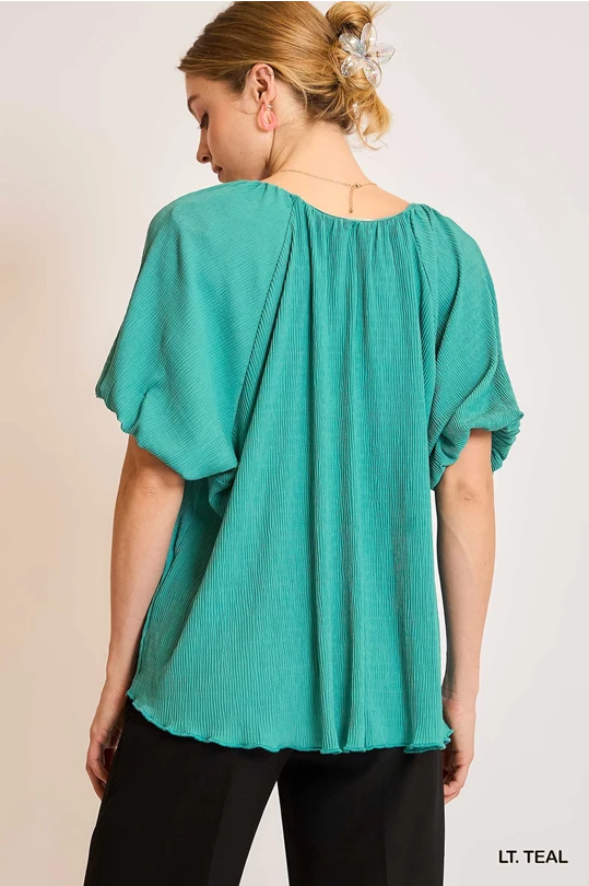 Scoop Neck Top w/ Balloon Sleeves - Light Teal by Umgee