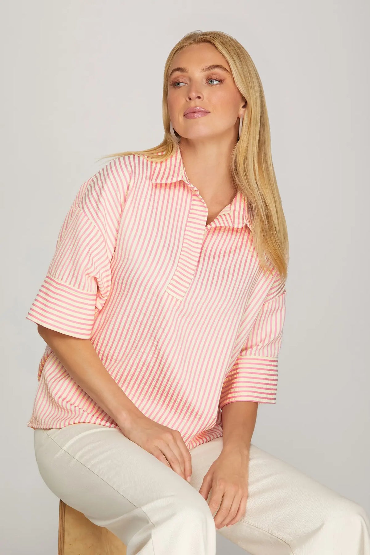 Pink Stripe Oversized Collared Top