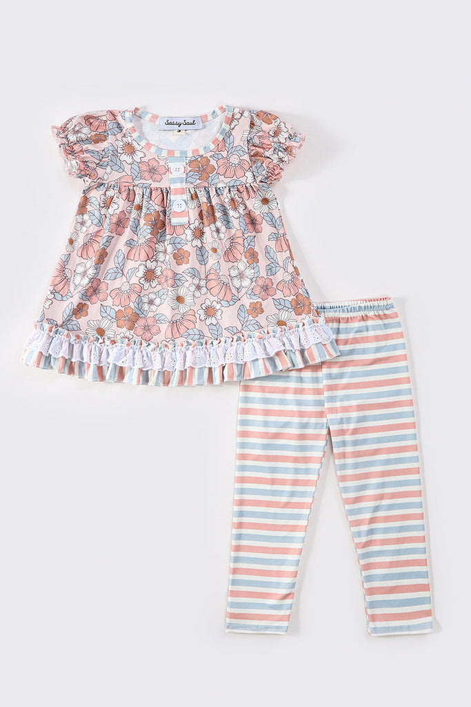 🌸 Floral Ruffle Tunic & Stripe Legging Set