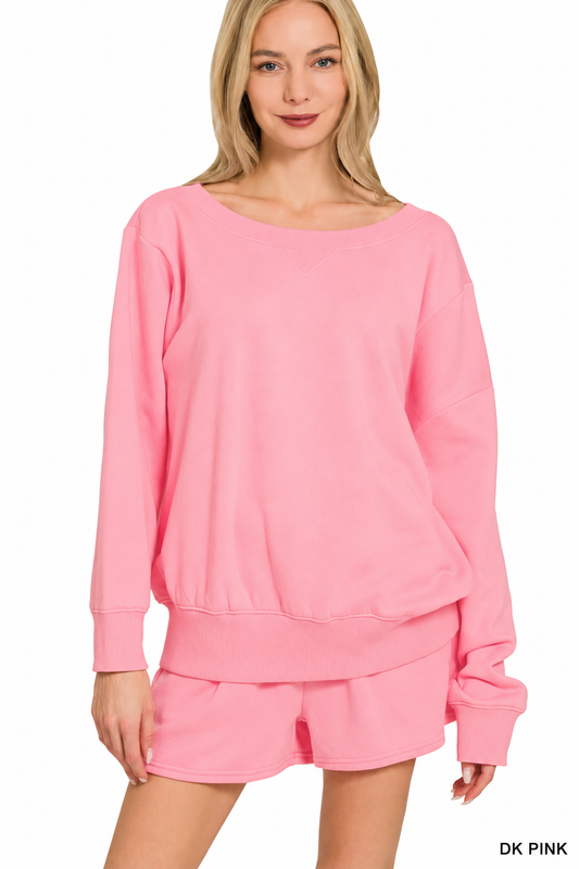 Zenana Fleece Boat-Neck Sweatshirt & Shorts Set