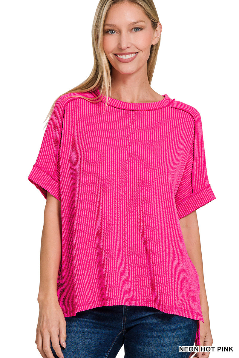 Raised Rib Cuff Raw Edge Top