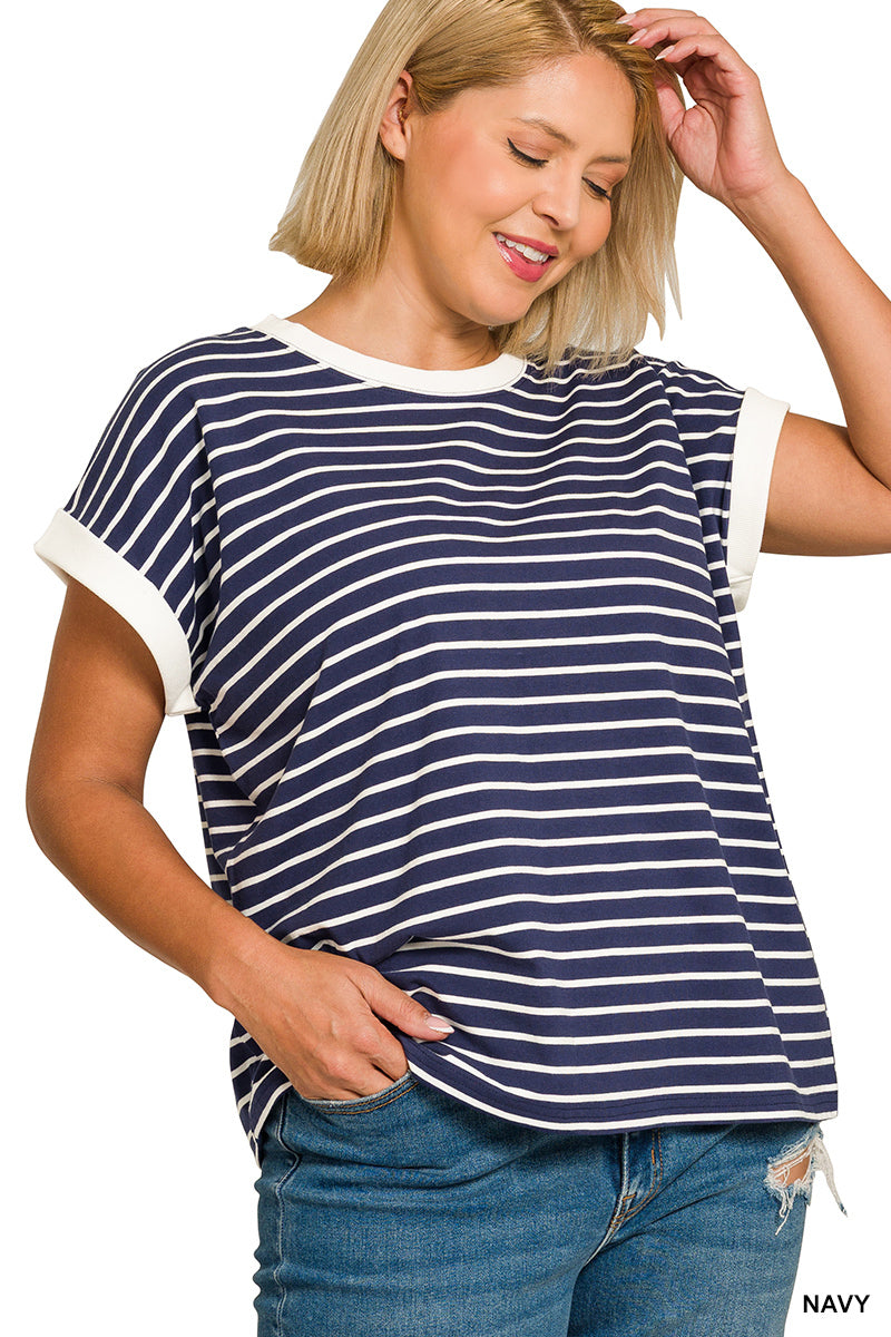 Navy Harbor Stripe Contrast Trim Tee by Zenana