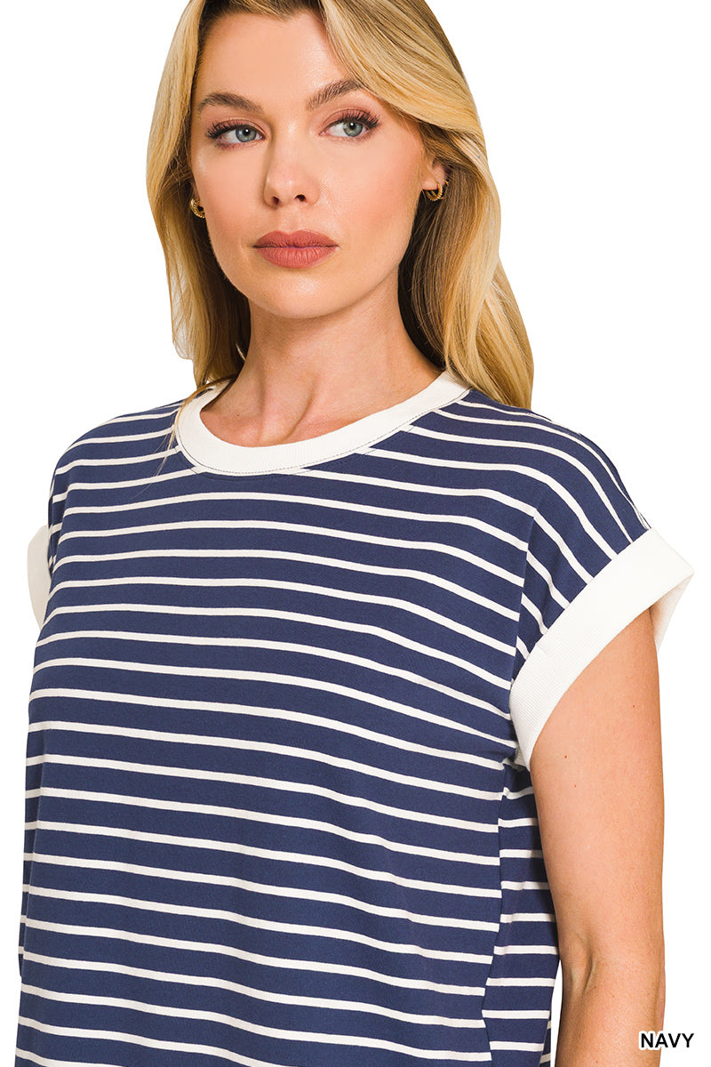 Navy Harbor Stripe Contrast Trim Tee by Zenana