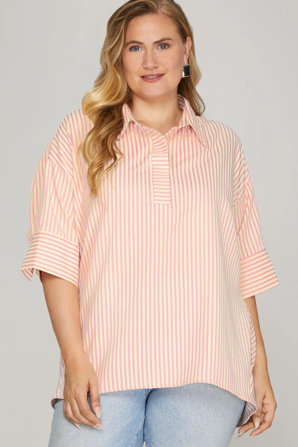 Pink Stripe Oversized Collared Top