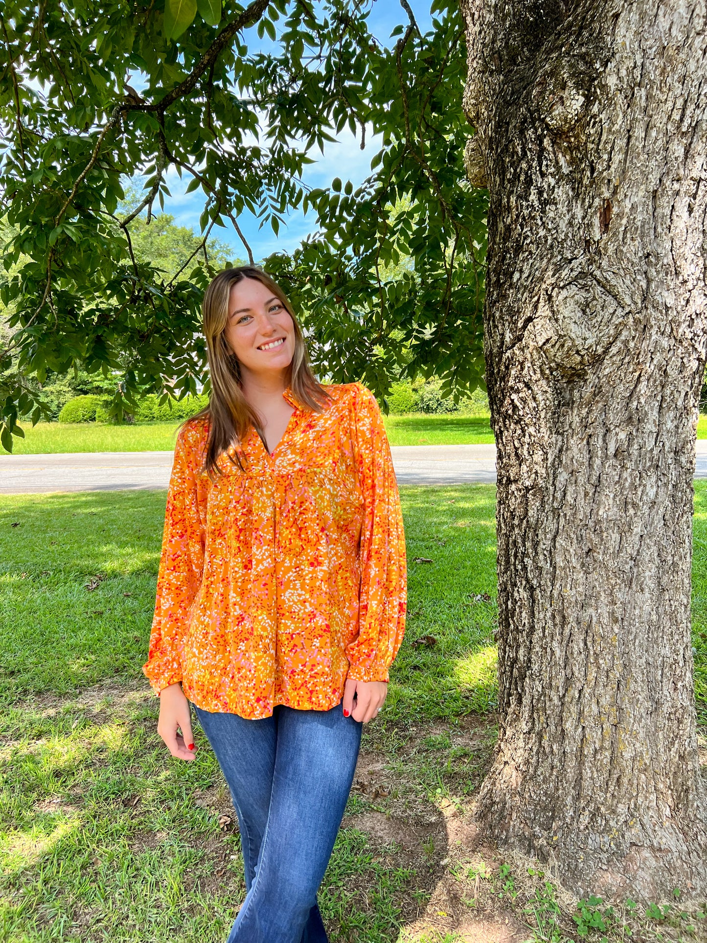 Orange Abstract Babydoll Blouse