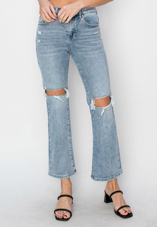 Risen High Rise Distressed Ankle Flare Jeans