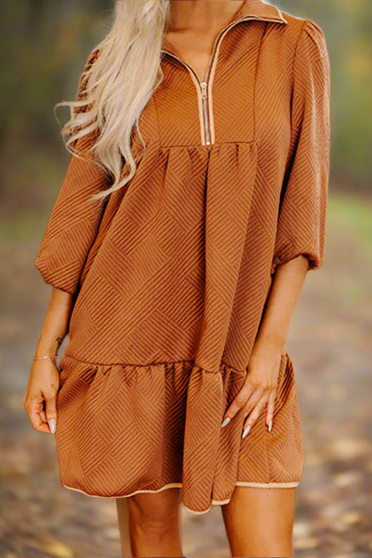 Desert Gold Quarter Zip Collar Bracelet Sleeve Textured Dress