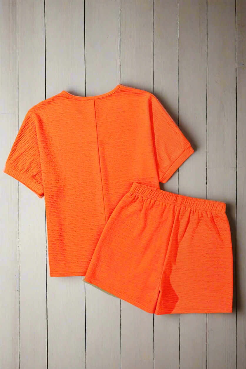 Orange Textured V Neck Shirt and Shorts Set