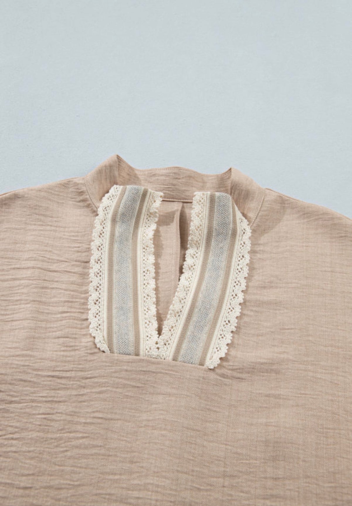 Parchment Crochet Lace V-Neck Blouse | Rolled Sleeve Top