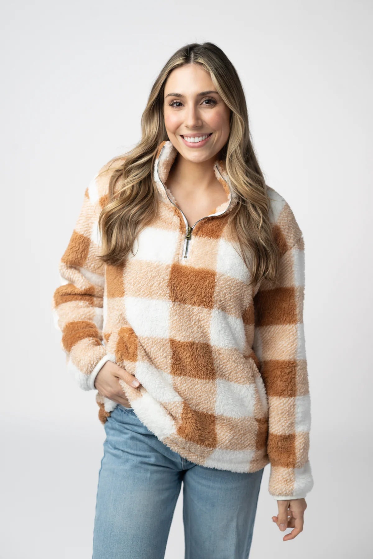 Sherpa Plaid Pullover - Camel by Michelle Mae