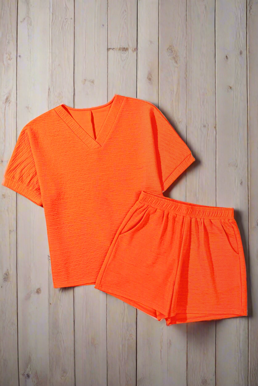 Orange Textured V Neck Shirt and Shorts Set