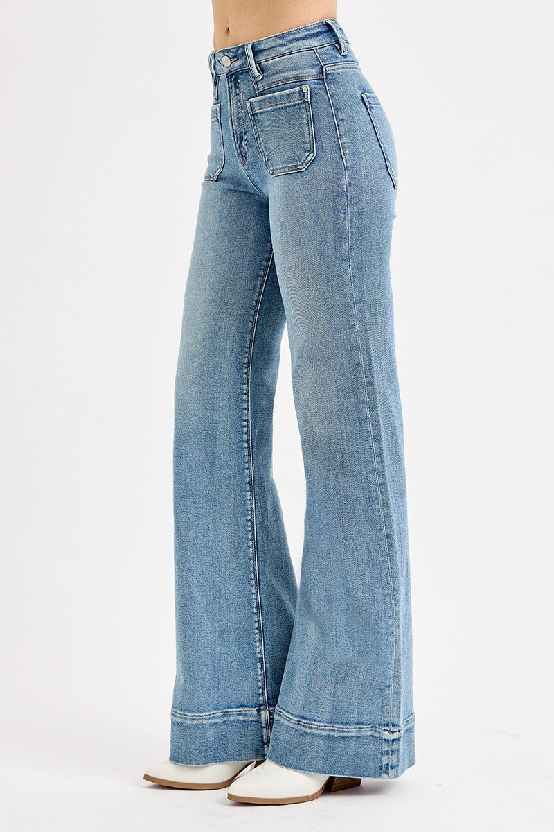 RISEN High Rise Wide Flare Patch Pocket Jeans