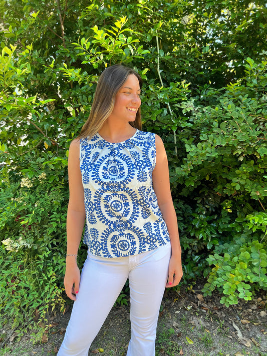 Blue Vintage Print Pintuck Crew Neck Tank Top