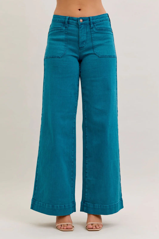 Judy Blue Teal Mid Rise Utility Wide Leg Jeans