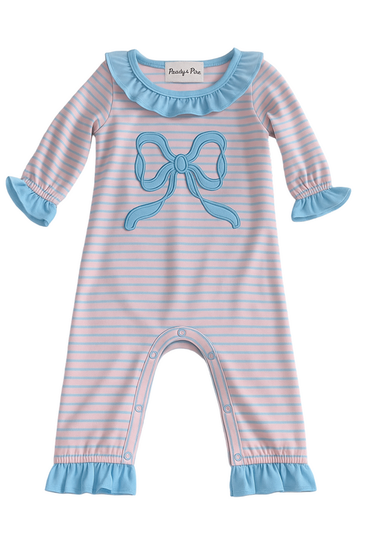Pink Striped Blue Bow Romper