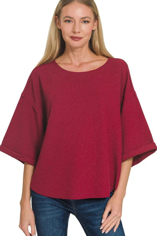 Zenana Double Knit Exposed Seam Curved Hem Top