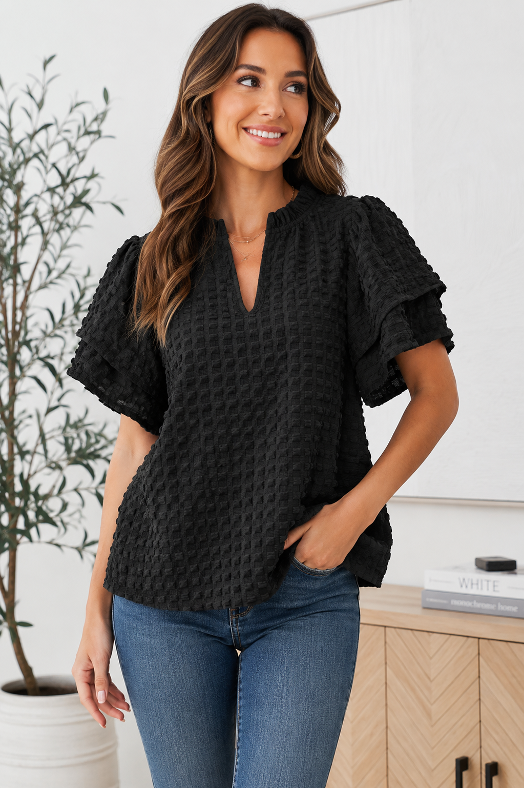 Umgee Black Textured Flutter Sleeve Top