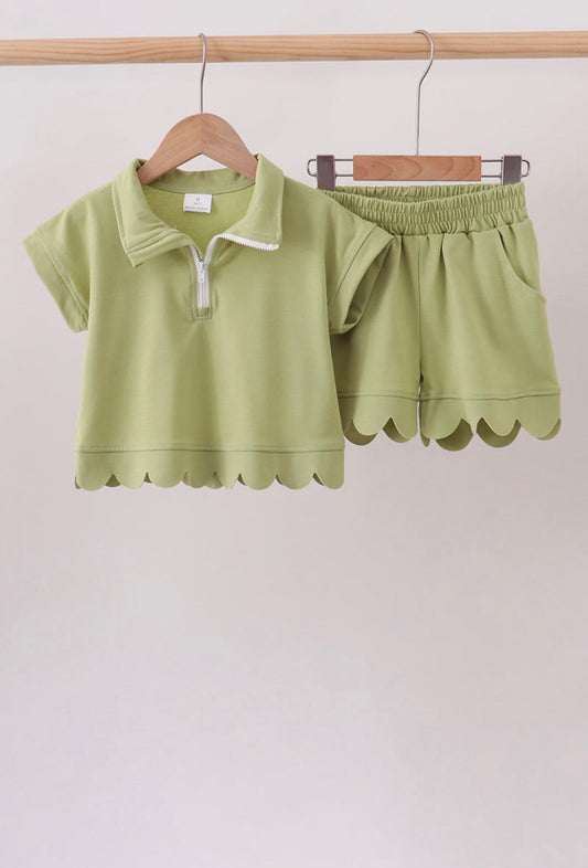Sage Scalloped Zipper Short Set
