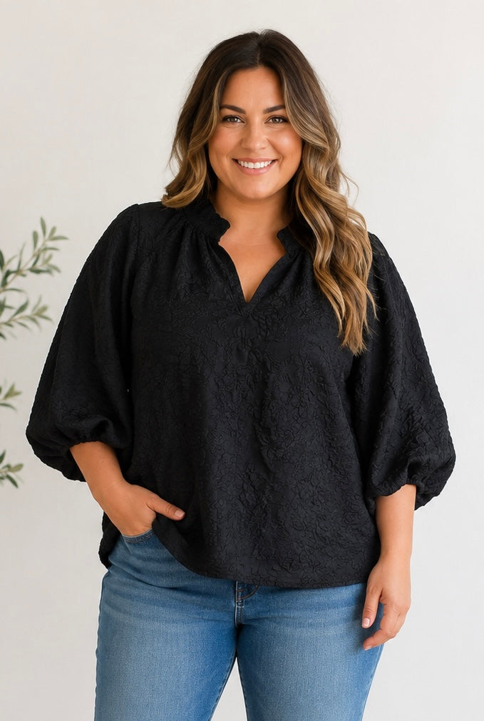 Umgee Black Jacquard Puff Sleeve Blouse Plus Size