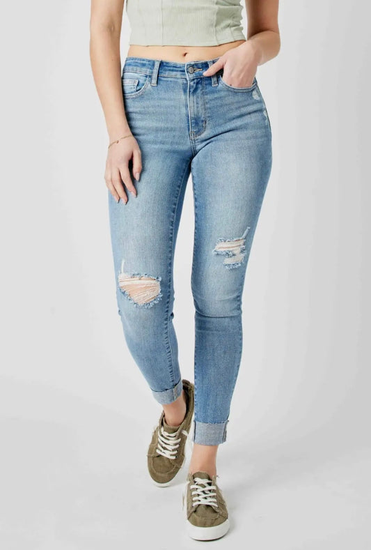 Judy Blue Mid Rise Destroy & Cuff Skinny Denim Jeans