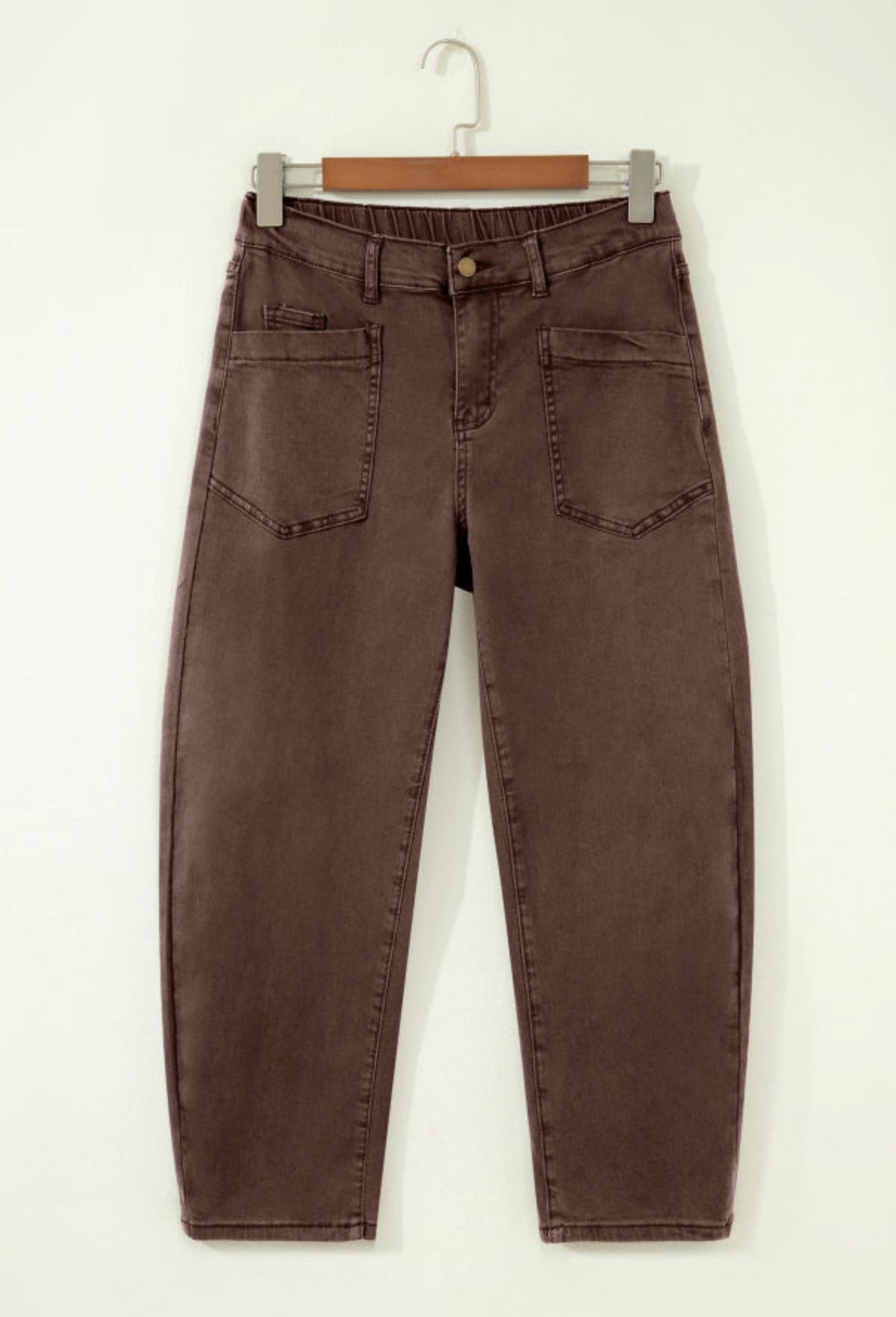 Brown Square Patch Pocket Ankle-length Barrel Jeans
